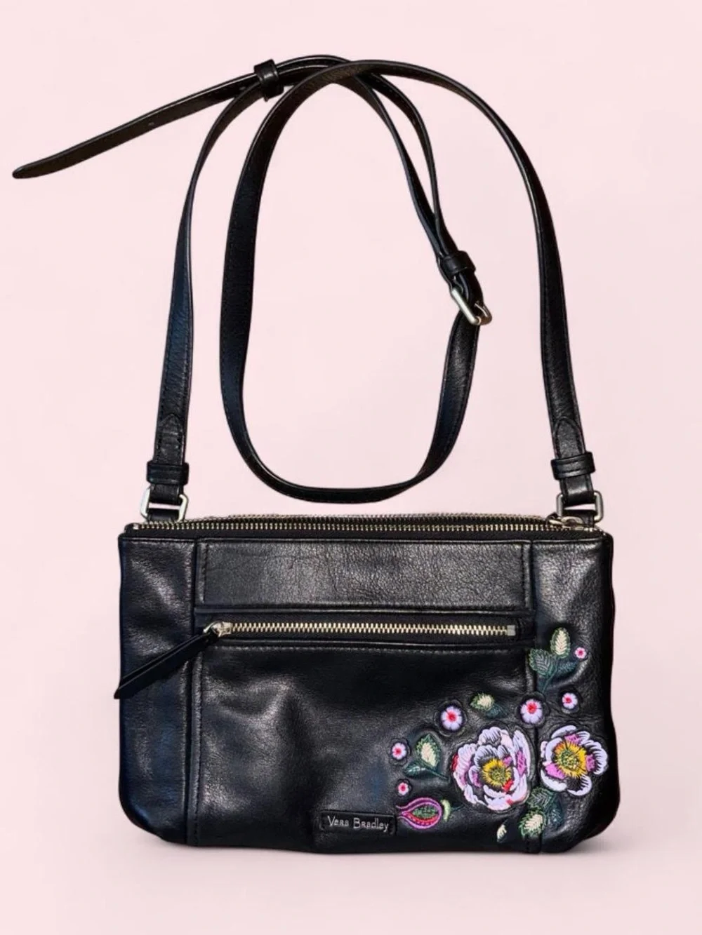 Vera Bradley Black Cross Body Bag with Floral Embroidery